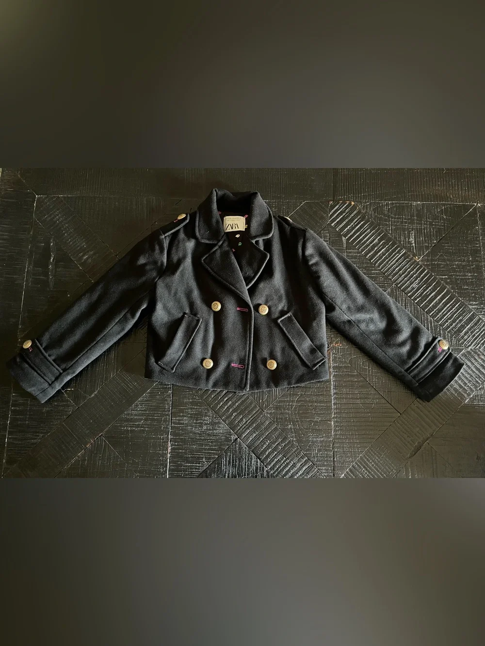ZARA Black Cropped Double Breasted Peacoat Jacket Girls Size 9